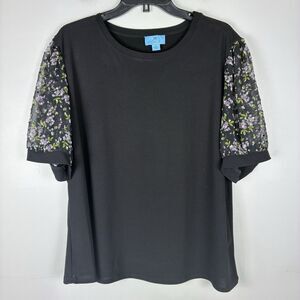 CeCe Swiss Dot Blouse Woman’s Sz 2X Plus Black Short Sleeve Coquette Romantic